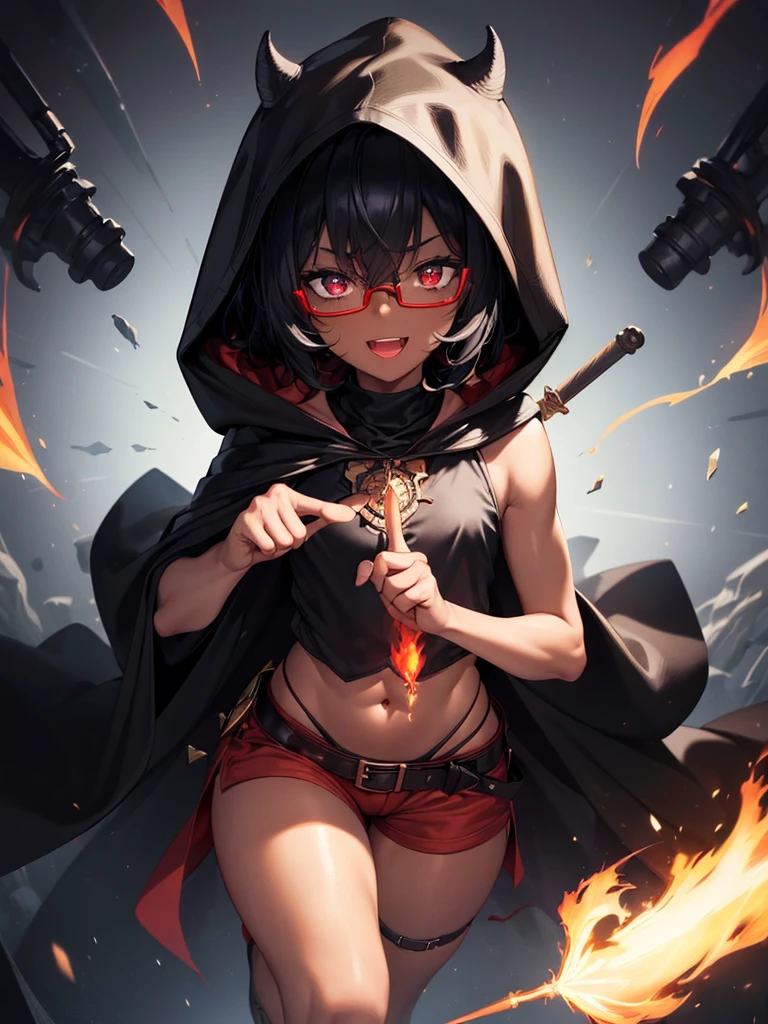 1girl, (masterpiece), best quality, expressive eyes, perfect face, anime, anime girl, fire, fire, red, black hair, black hair, red colored inner hair, lava, inferno, fiery background, lava and fire goddess, pyromancer woman, fiery aura, fire background, burning inferno, fiery scorching red eyes, dark volcano background, (heterochromia red and orange eye)+, small breast, glasses