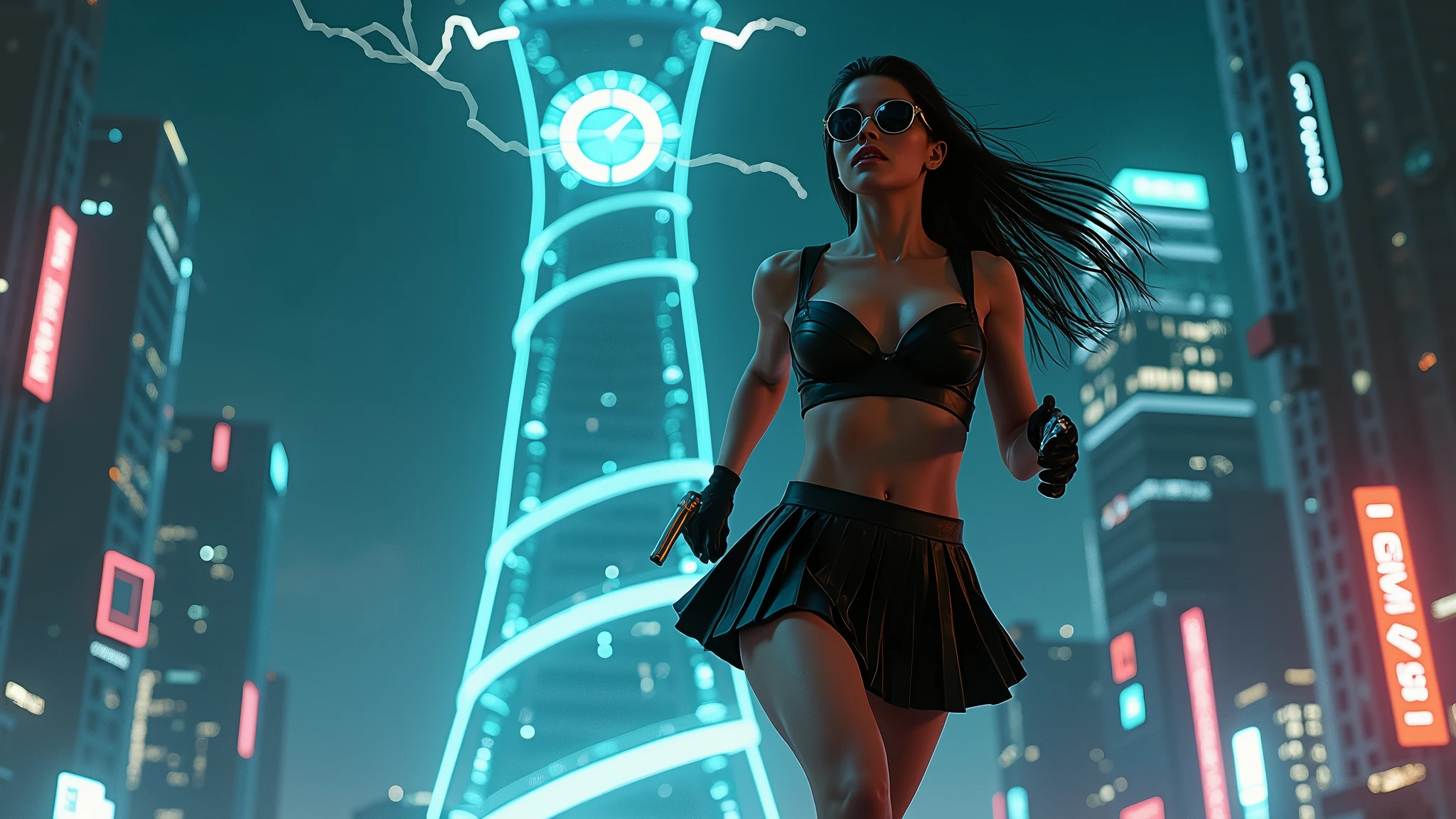 cyberpunk-style city with a nocturnal vibe with Matrix-like aesthetic references, glowing huge clock tower as time machine, green glowing cascading code. At night, (1girl, solo, alone), photorealistic, medium-breast slim:0.6 body, oval:0.5 face, cleavage:1.1, sexy black laced bra, miniskirt, white laced panty, coat, (black micro sunglasses), (holding a short gun), (slightly leaning forward running pose), ((half-body thigh level medium shot)), cinematic lighting, ray tracing, motion blurred background.
