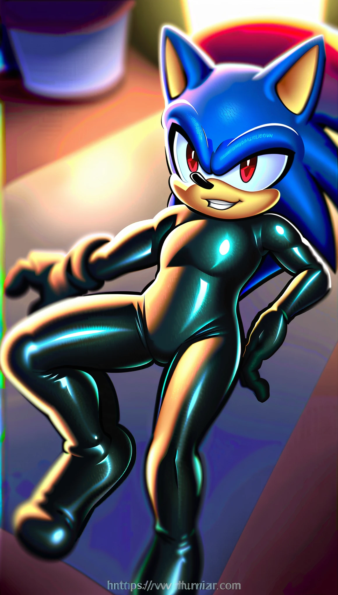 Sonic the Hedgehog, Two men, red eyes, in black latex full body suit, (open legs), bright glowing green eyes , cyberpunk, dark lab, dark room, (neon light: 1.2), (night: 1.5), (crouch on ground), (spread legs apart) , Tongue, Blush, penis