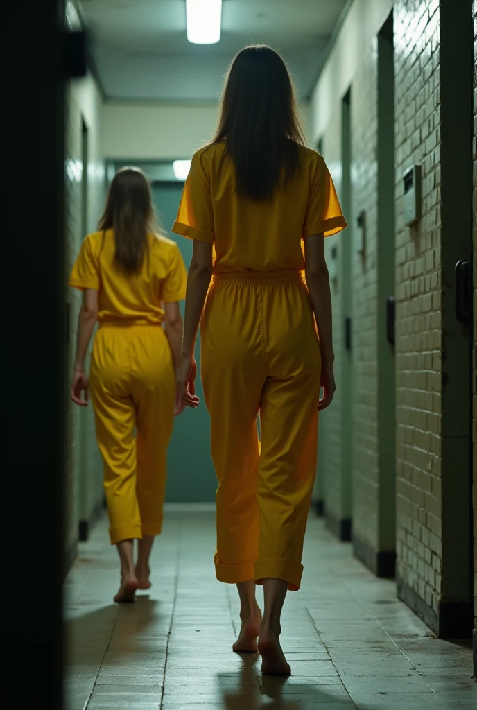 (photorealism:1.2), a tall 50 year old white female prison guard in police uniform, one hand in the orange pants of a shorter 20 year old topless female black prisoner, many female prisoners watching in background, prison setting, high detail, UHD, 4K