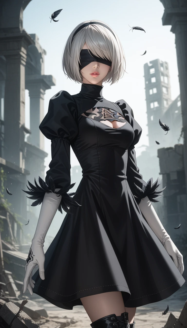 score_9, score_8_up, score_7_up, 32k,masterpiece, highest quality,
photo realistic, vibrant colors, chiaroscuro lighting, cinematic lighting,
2B Nier Automata, 
bob cut, gray hair, bangs, blindfold, pink lips,
black goth dress, long sleeve, Juliet sleeve, white gloves, turtleneck, feather ornament, feather ornament sleeves, black leather boots,
ruins, a ruined world, a devastated battlefield, picturesque, beautiful scenery, fantastic night sky
seductive pose, cinematic angle,