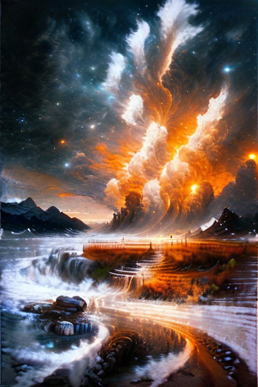 An angelic being without human affection, Creator of the Universe, myth, The background of the image is, Heavenly Mountain Scenario, Orange Clouds. The image style should be cartoon-like, With powerful and impressive strokes, 登場人物にはmythや天使の要素が加わっている  