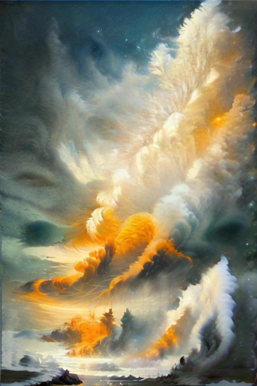 An angelic being without human affection, Creator of the Universe, myth, The background of the image is, Heavenly Mountain Scenario, Orange Clouds. The image style should be cartoon-like, With powerful and impressive strokes, 登場人物にはmythや天使の要素が加わっている  