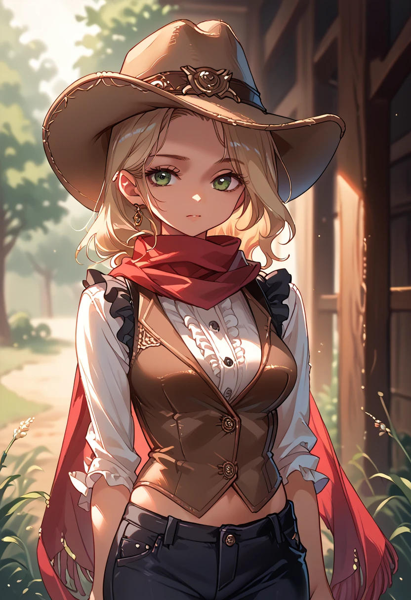 portrait of beautiful women on a dirty farm:1.2 , cowboy hat, fringed vest , trousers, scarf , confidence , medium breasts,