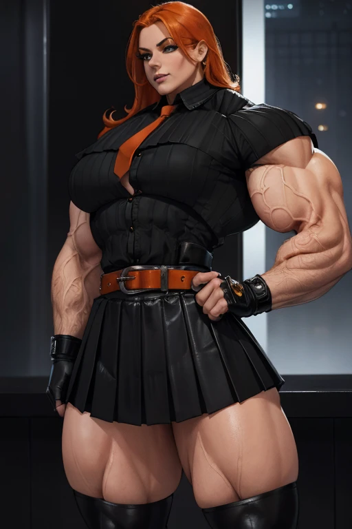 ((((Massive beautiful, buff, bulky, pale white skinned muscular woman with orange hair, black lipstick, ginormous bulky muscles and wearing a orange shirt and a beautiful royal long pleated skirt with pantyhose)))), (close view), vascular, massive muscle, massive biceps, hyper muscle shoulders, vascular shoulders, hyper muscle triceps, (long shaggy hair), green eyes, fingerless gloves, (((beautiful black vest))), ((royal long pleated skirt)), (high heel boots), sensual smile, (in a jellyfish forest), at evening, Vascular arms, hyper vascular arm, hyper muscles arms, hyper muscle legs, (massive arms)