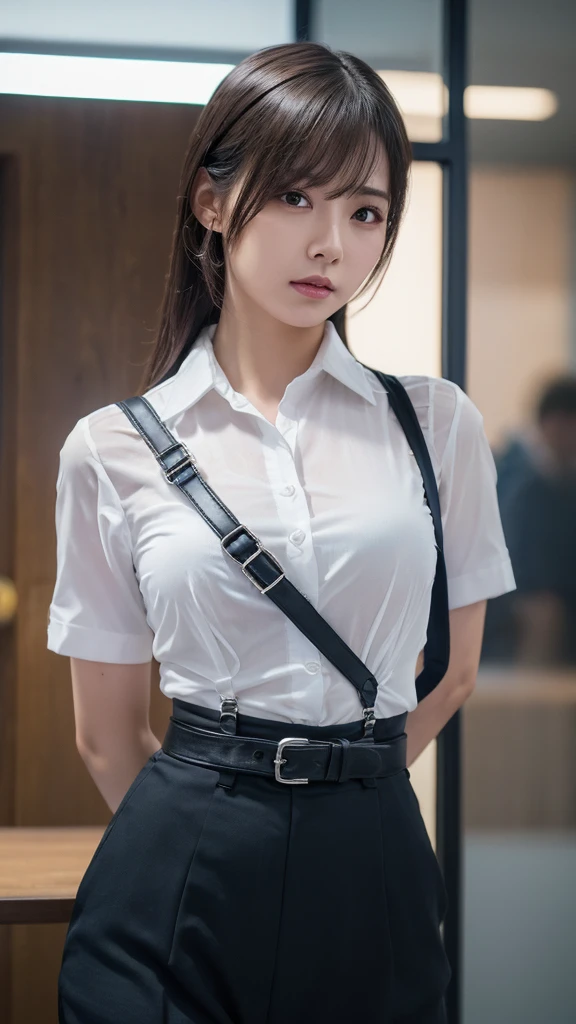 a woman in a suit, belt, hands behind back, sweating, suspenders, black pants, large breasts, see-through clothing, rain, detective, office worker, white button-up shirt, (best quality,4K,8k,highres,masterpiece:1.2),ultra-detailed,(realistic,photorealistic,photo-realistic:1.37),hyper-detailed,highly detailed face and body, Slender　thin　suspenders　Moderate breasts　See-through shirt　Nipples　holster　chain　Pistol　Armament　criminal　Female criminal　knife 　 Hands Behind Back　Constraints 程よい胸 黒いマスク
