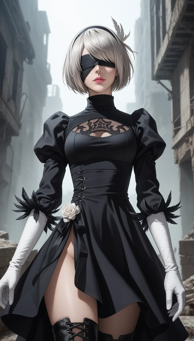 score_9, score_8_up, score_7_up, 32k,masterpiece, highest quality,
photo realistic, vibrant colors, chiaroscuro lighting, cinematic lighting,
2B Nier Automata, 
bob cut, gray hair, bangs, blindfold, pink lips,
black goth dress, long sleeve, Juliet sleeve, white gloves, turtleneck, feather ornament, feather ornament sleeves, black leather boots,
ruins, a ruined world, a devastated battlefield, picturesque, beautiful scenery, fantastic night sky
seductive pose, cinematic angle,