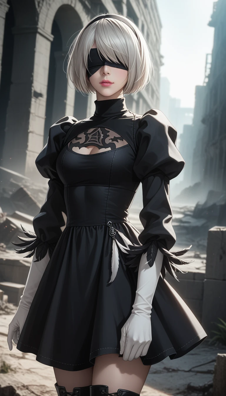 score_9, score_8_up, score_7_up, 32k,masterpiece, highest quality,
photo realistic, vibrant colors, chiaroscuro lighting, cinematic lighting,
2B Nier Automata, 
bob cut, gray hair, bangs, blindfold, pink lips,
black goth dress, long sleeve, Juliet sleeve, white gloves, turtleneck, feather ornament, feather ornament sleeves, black leather boots,
ruins, a ruined world, a devastated battlefield, picturesque, beautiful scenery, fantastic night sky
seductive pose, cinematic angle,