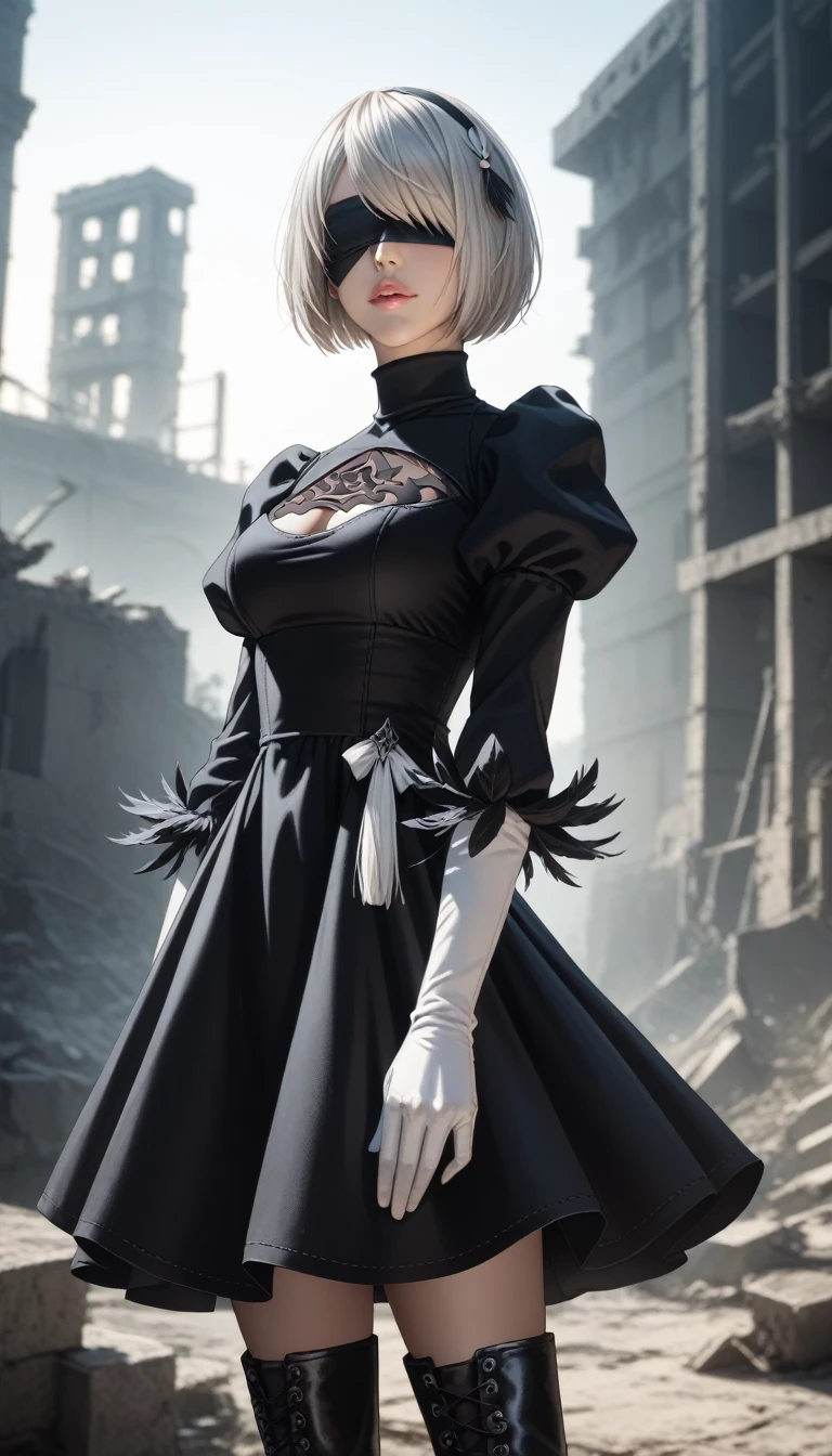 score_9, score_8_up, score_7_up, 32k,masterpiece, highest quality,
photo realistic, vibrant colors, chiaroscuro lighting, cinematic lighting,
2B Nier Automata, 
bob cut, gray hair, bangs, blindfold, pink lips,
black goth dress, long sleeve, Juliet sleeve, white gloves, turtleneck, feather ornament, feather ornament sleeves, black leather boots,
ruins, a ruined world, a devastated battlefield, picturesque, beautiful scenery, fantastic night sky
seductive pose, cinematic angle,