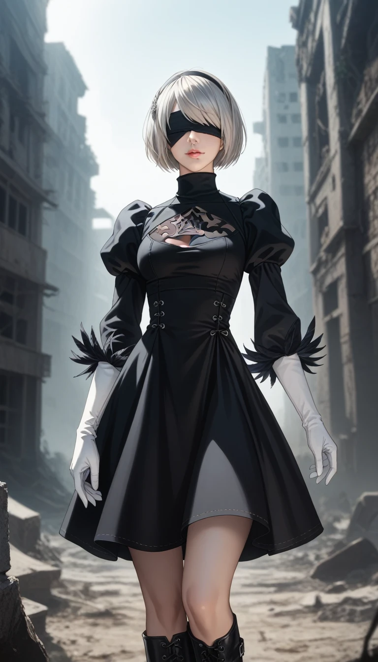 score_9, score_8_up, score_7_up, 32k,masterpiece, highest quality,
photo realistic, vibrant colors, chiaroscuro lighting, cinematic lighting,
2B Nier Automata, 
bob cut, gray hair, bangs, blindfold, pink lips,
black goth dress, long sleeve, Juliet sleeve, white gloves, turtleneck, feather ornament, feather ornament sleeves, black leather boots,
ruins, a ruined world, a devastated battlefield, picturesque, beautiful scenery, fantastic night sky
seductive pose, cinematic angle,