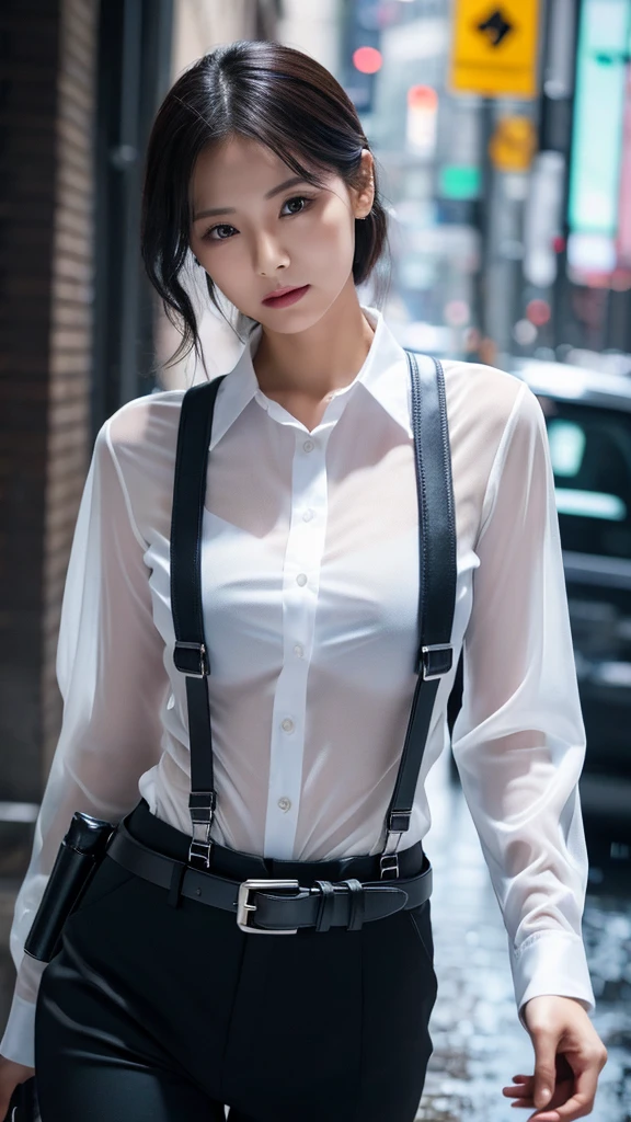 a woman in a suit, belt, hands behind back, sweating, suspenders, black pants, large breasts, see-through clothing, rain, detective, office worker, white button-up shirt, (best quality,4K,8k,highres,masterpiece:1.2),ultra-detailed,(realistic,photorealistic,photo-realistic:1.37),hyper-detailed,highly detailed face and body, Slender　thin　suspenders　Moderate breasts　See-through shirt　Nipples　holster　chain　Pistol　Armament　criminal　Female criminal　knife 　 Hands Behind Back　Constraints 程よい胸 黒いマスク
