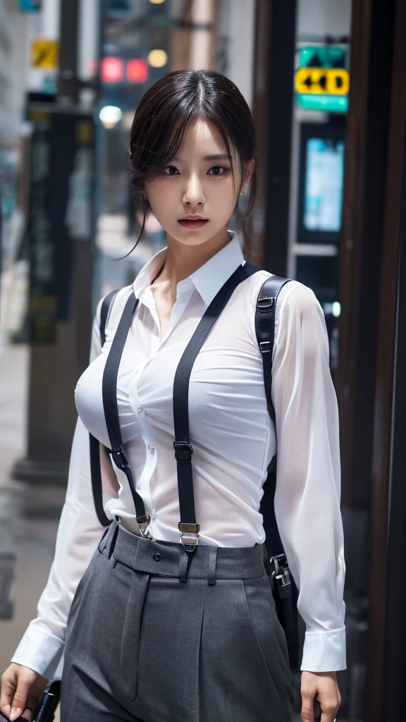 a woman in a suit, belt, hands behind back, sweating, suspenders, black pants, large breasts, see-through clothing, rain, detective, office worker, white button-up shirt, (best quality,4K,8k,highres,masterpiece:1.2),ultra-detailed,(realistic,photorealistic,photo-realistic:1.37),hyper-detailed,highly detailed face and body, Slender　thin　suspenders　Moderate breasts　See-through shirt　Nipples　holster　chain　Pistol　Armament　criminal　Female criminal　knife 　 Hands Behind Back　Constraints 程よい胸 黒いマスク
