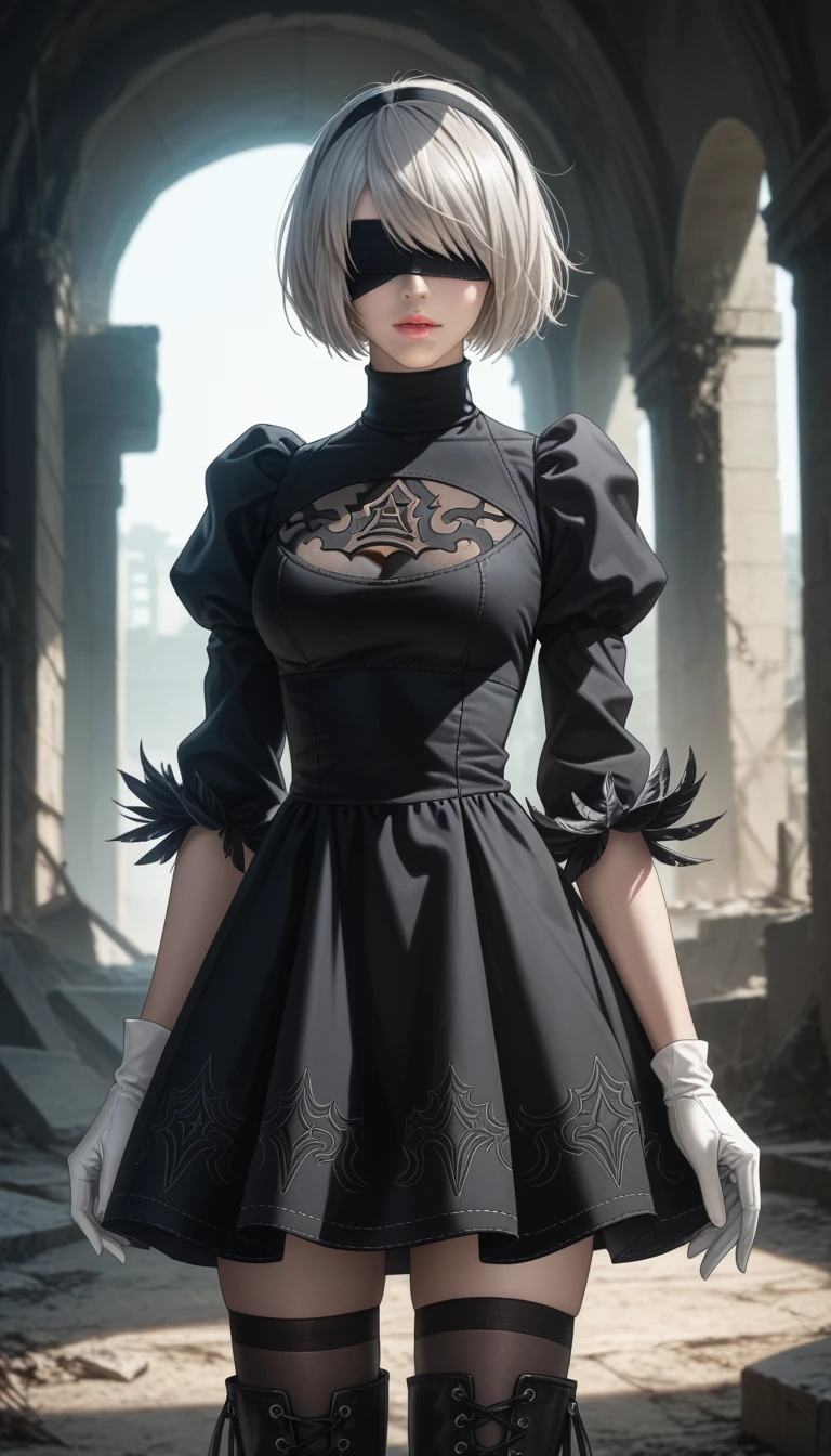 score_9, score_8_up, score_7_up, 32k,masterpiece, highest quality,
photo realistic, vibrant colors, chiaroscuro lighting, cinematic lighting,
2B Nier Automata, 
bob cut, gray hair, bangs, blindfold, pink lips,
black goth dress, long sleeve, Juliet sleeve, white gloves, turtleneck, feather ornament, feather ornament sleeves, black leather boots,
ruins, a ruined world, a devastated battlefield, picturesque, beautiful scenery, fantastic night sky
seductive pose, cinematic angle,