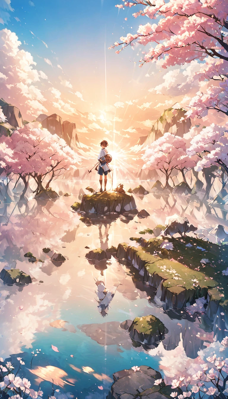 Imagine a scene reminiscent of "Your Name," where a young boy stands on a mountain peak, gazing out at a distant village bathed in the golden light of dawn. Cherry blossoms bloom in abundance, creating a magical atmosphere.