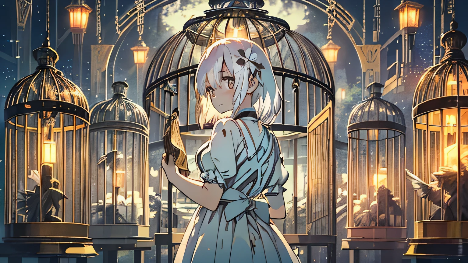 Giant birdcage，There is an angel in the birdcage，This girl has huge feather wings on her back，Worn white dress，Messy white hair，night，Starry Sky，moon，Sad crying expression，Blood，birdcage，Giant birdcage，cage，Trapped in a cage，