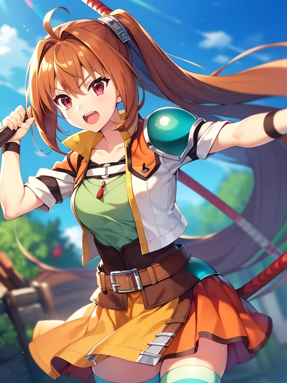 (masutepiece, Best Quality, hight resolution, nffsw, Perfect Pixel, depth of fields, 4K), Beautiful anime girl, Perfect body ,,,scEstelle, cropped jacket, green shoulder pad, tan shirt, orange skirt, belt, white thighhighs, , open mouth, fighting monster, hold a stick
