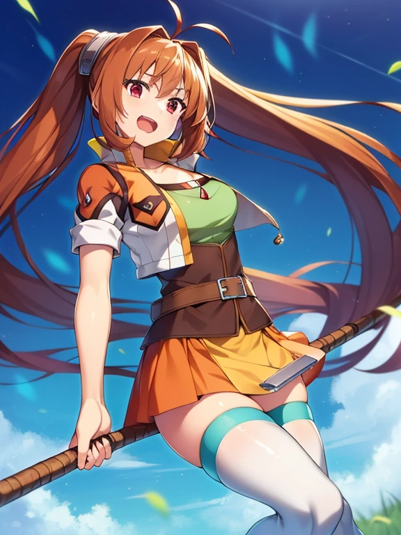 (masutepiece, Best Quality, hight resolution, nffsw, Perfect Pixel, depth of fields, 4K), Beautiful anime girl, Perfect body ,,,scEstelle, cropped jacket, green shoulder pad, tan shirt, orange skirt, belt, white thighhighs, , open mouth, fighting monster, hold a stick
