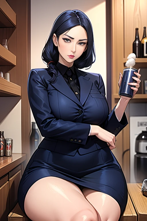 A career woman, 3, wearing a suit、1 person、Hair style: semi-long permanent、、Underneath is a tight navy blue skirt、With a tired look on his face, he takes out a can of beer from the refrigerator at home and drinks it.、Sit deep on the black sofa,Drinking a can of beer with the right hand、