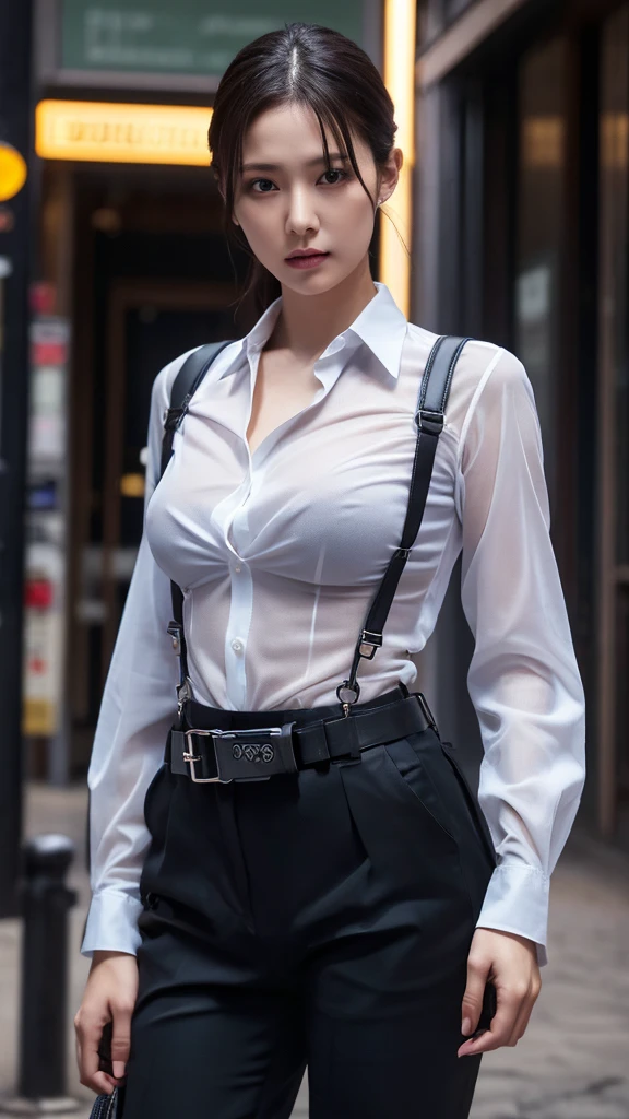 a woman in a suit, belt, hands behind back, sweating, suspenders, black pants, large breasts, see-through clothing, rain, detective, office worker, white button-up shirt, (best quality,4K,8k,highres,masterpiece:1.2),ultra-detailed,(realistic,photorealistic,photo-realistic:1.37),hyper-detailed,highly detailed face and body, Slender　thin　suspenders　Moderate breasts　See-through shirt　Nipples　holster　chain　Pistol　Armament　criminal　Female criminal　knife 　 Hands Behind Back　Constraints 程よい胸 黒いマスク
