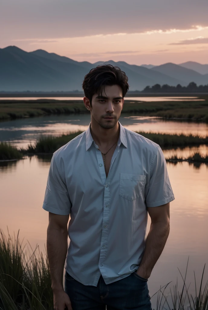 UHD, A vast marshland illuminated by the soft, fading light of twilight. Standing near the edge of the water is a tall, rugged man with a strong, muscular build. His shirt is unbuttoned, exposing his broad chest, and his piercing eyes reflect the deep purples and oranges of the twilight sky towards the viewers. His confident, relaxed stance contrasts with the eerie, quiet beauty of the marsh, and the soft rustle of reeds adds to the sense of mystery.