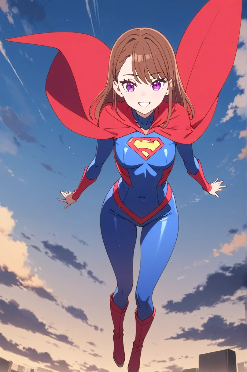 masterpiece, best quality:1.2), 1girl, smile, looking at viewer, hijiri ageha, purple eyes, long brown hair, dressed as superwoman, full bodysuit, blue catsuit, red cloak cape, boots, flying in the sky
