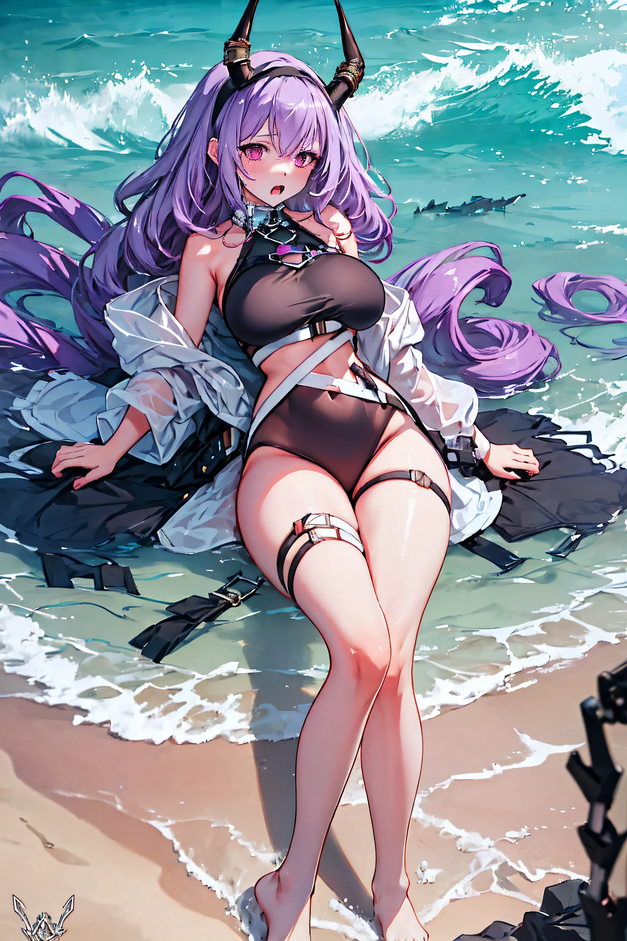 typhon| arknights, Masterpiece, best quality, 1 girl,2 , Very small micro bikini, Huge, enormous breasts, very long hair, hairband, purple hair, proportion body, proportion, show your , Water set, Lying on the beach with alluring challenges, unctuous. ,only, beautiful sea, The sky is beautiful, Looking at the audience from the front, thigh strap, tilt your head, bored, 10, 10, high resolution, show a serious design, Expressing anger, Expressing an expression of displeasure , Very angry , 