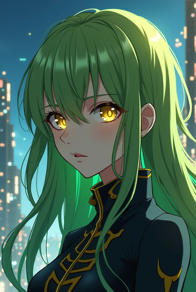 Anime woman,c.c. code geass,long lime hair.yyellow eyes,in city - SeaArt AI