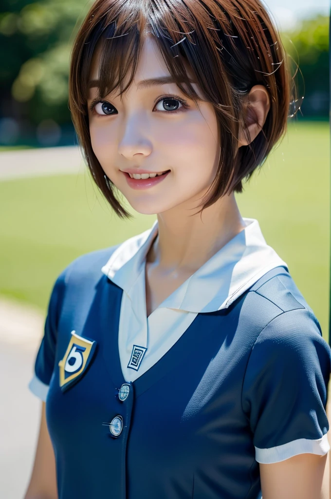 Highest quality, masterpiece, Ultra-high resolution,8k,((Toothy smile portrait:1.4)), (Realistic:1.6), ((Blue Eye)),((A radiant smile)), RAW Photos,((Ice Hockey Uniforms)),((Red checked pleated skirt)),((Soft looking breasts)),((Full body photo)),1 person,Slim 22 year old adult female,(Full of smiles, )) ,((Short bangs,Straight Bob Cut)),((Ribbon in hair)),((Looking up at the audience)),Face Focus:1.4,((Shot from above:1.15)),