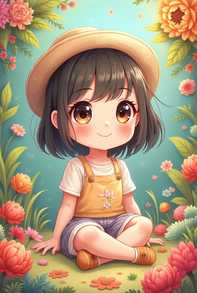 full body, solo, 1girl, look up to, smile, blush, t-shirt, flat chest, sidelighting, Eucalyptus seeded \(flower\), floral background <lora:hado_style_v01.1final:0.9>