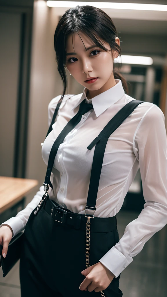 a woman in a suit, belt, hands behind back, sweating, suspenders, black pants, large breasts, see-through clothing, rain, detective, office worker, white button-up shirt, (best quality,4K,8k,highres,masterpiece:1.2),ultra-detailed,(realistic,photorealistic,photo-realistic:1.37),hyper-detailed,highly detailed face and body, Slender　thin　suspenders　Moderate breasts　See-through shirt　Nipples　holster　chain　Pistol　Armament　criminal　Female criminal　knife 　 Hands Behind Back　Constraints 程よい胸 黒いマスク
