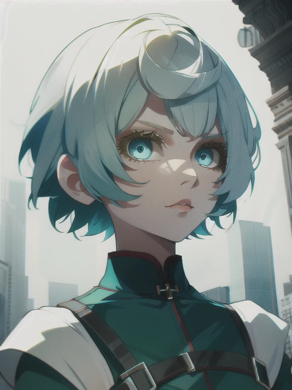 Girl with short white hair and blue-green eyes looks like a boy