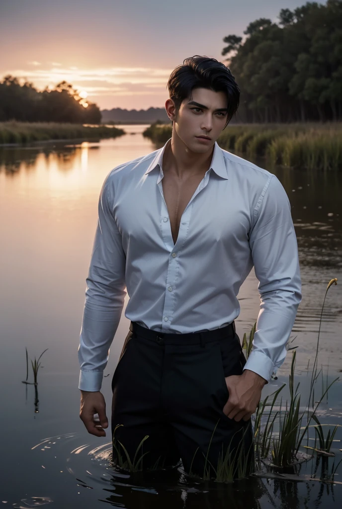 UHD, A vast marshland illuminated by the soft, starry sky at twilight. Standing near the edge of the water is a tall, lean man with a strong, muscular build. His shirt is unbuttoned, exposing his broad chest, and his piercing eyes reflect the sensuality and allure of the twilight sky towards the viewers. His confident, relaxed stance contrasts with the eerie, quiet beauty of the marsh, and the soft rustle of reeds adds to the sense of mystery.