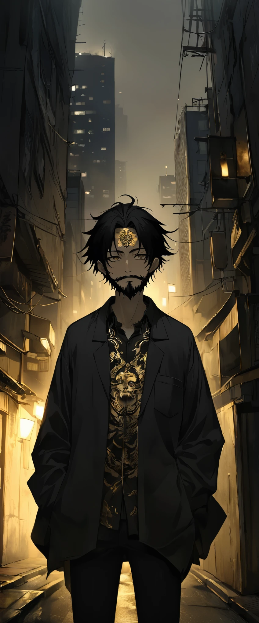 Anime Style。A black silk shirt embroidered with gold patterns。Alley in the fog。Skinny young man standing with his hands in his pockets。Droopy eyes。Thin face。Nihilistic smile。Black beard and beard。Long black hair。forehead,。Ethnic gold tattoo on forehead。Golden Eyes。Portrait。One person。darkness。Spooky atmosphere。Japan。Concrete City。Dark atmosphere without light。night。,Chiaroscuro,Skyscraper。High image quality。Detailed Description。