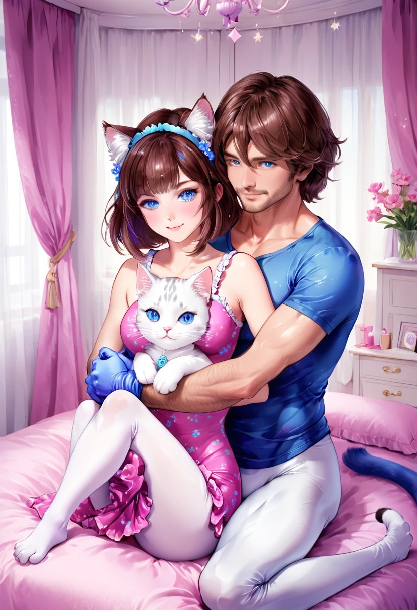 (fflixbom, white and pink cat facepaint) (1 man, 1 woman) (bob cut, brown hair, blue eyes) (hetero, couple) (crossdressing, fully clothed) (portrait) (women's clothes only) (women's beautifully feminine frilly sparkly skintight velvet floral print girly lavender adorable ballet leotards) (pink long silk gloves) (white tights) (tiaras, no shoes) (woman's bedroom, four-poster bed) (lying down, hugging, bending knee) (intimacy, playfulness, closeness)