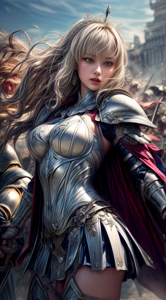 blonde viking girls in armor with a sword, dragons in the sky