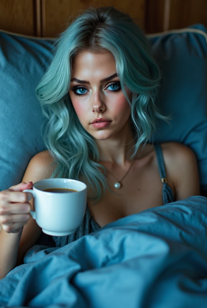 Woman 20 Years Old Nordic Ethnicity, short blue hair with a perfect face and light freckles, Blue-Green Eyes, A soft, intimate shot of NovaiBrew in bed with a coffee tray. The setting is cozy and elegant, with her lounging comfortably, a book or magazine nearby. ((Color palette - turquoise, neon green, yellow shades))