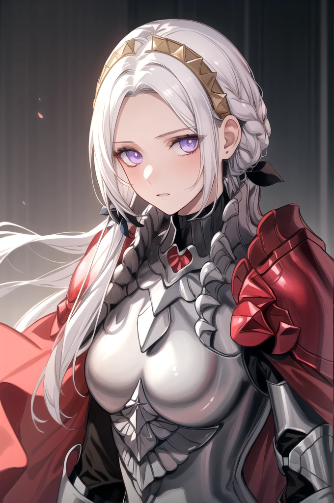 (masterpiece:1.2), best quality, high resolution, unity 8k wallpaper, (illustration), extremely detailed face, perfect lighting, extremely detailed CG, 1girl, solo, purple eyes, white hair, long hair, hair ornament, ribbon, red cape, armor, standing, upper body, looking at viewer, expressionless, simple background, frontal view