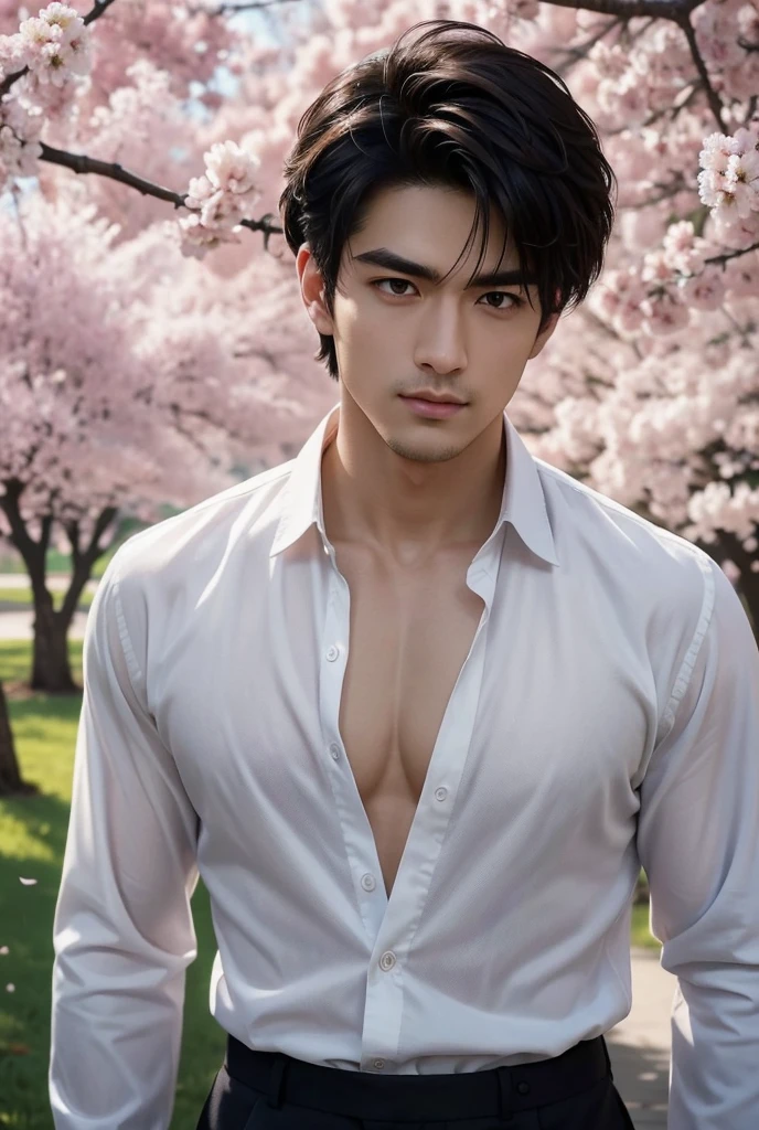 UHD, A serene park filled with cherry blossom trees in full bloom, their soft pink petals falling gently to the ground. Standing beneath the blossoms is a lean, athletic man with a well-defined chest and arms. His open shirt flutters in the soft breeze, and his intense eyes hold a smoldering gaze as he looks at the viewers with lust. The sweet scent of blossoms and the peaceful atmosphere contrast beautifully with the man's commanding yet calm presence, creating a sense of sensuality and allure.