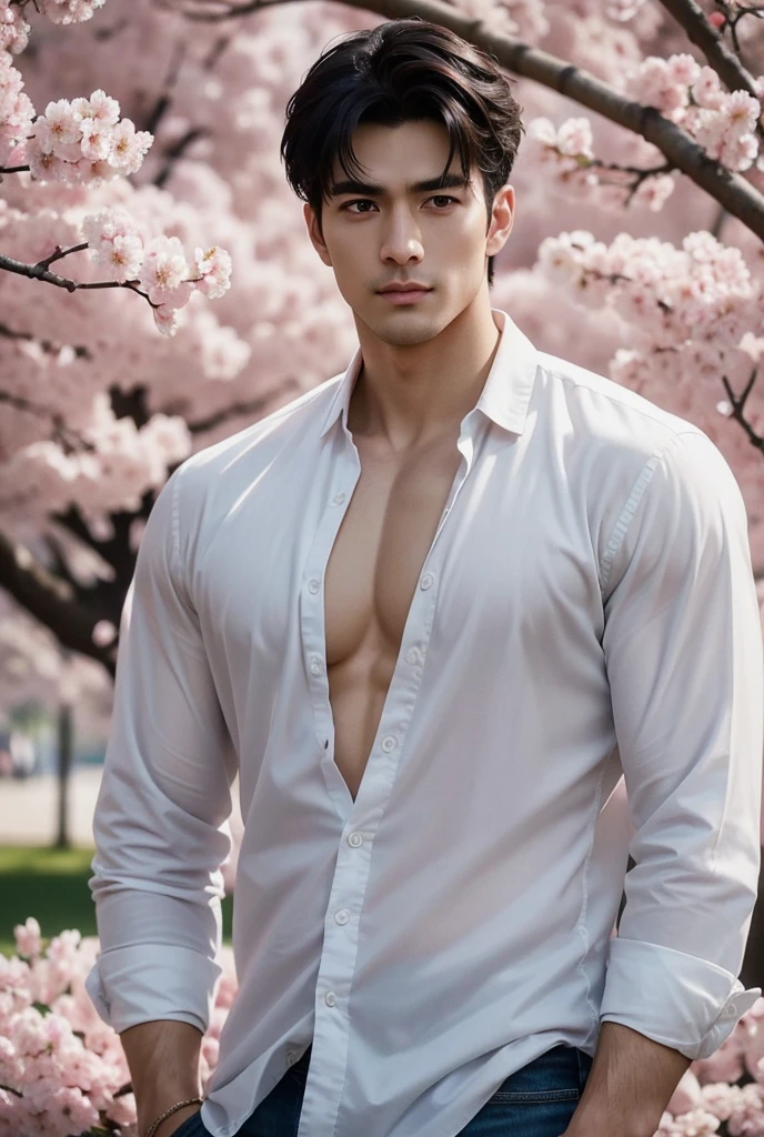 UHD, A serene park filled with cherry blossom trees in full bloom, their soft pink petals falling gently to the ground. Standing beneath the blossoms is a lean, athletic man with a well-defined chest and arms. His open shirt flutters in the soft breeze, and his intense eyes hold a smoldering gaze as he looks at the viewers with lust. The sweet scent of blossoms and the peaceful atmosphere contrast beautifully with the man's commanding yet calm presence, creating a sense of sensuality and allure.