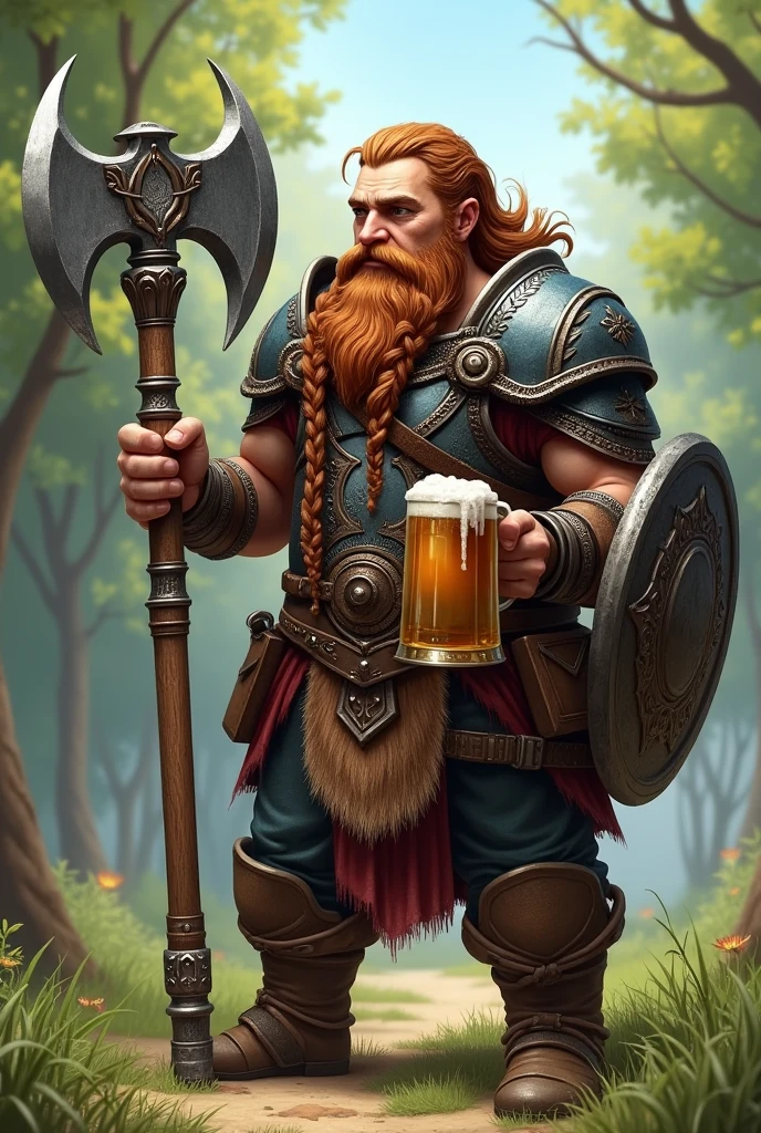 Stylized black ram with a badly shown face full body dressed as a Viking with beard and helmet on his head with an axe in one hand and beer glass in the other hand
