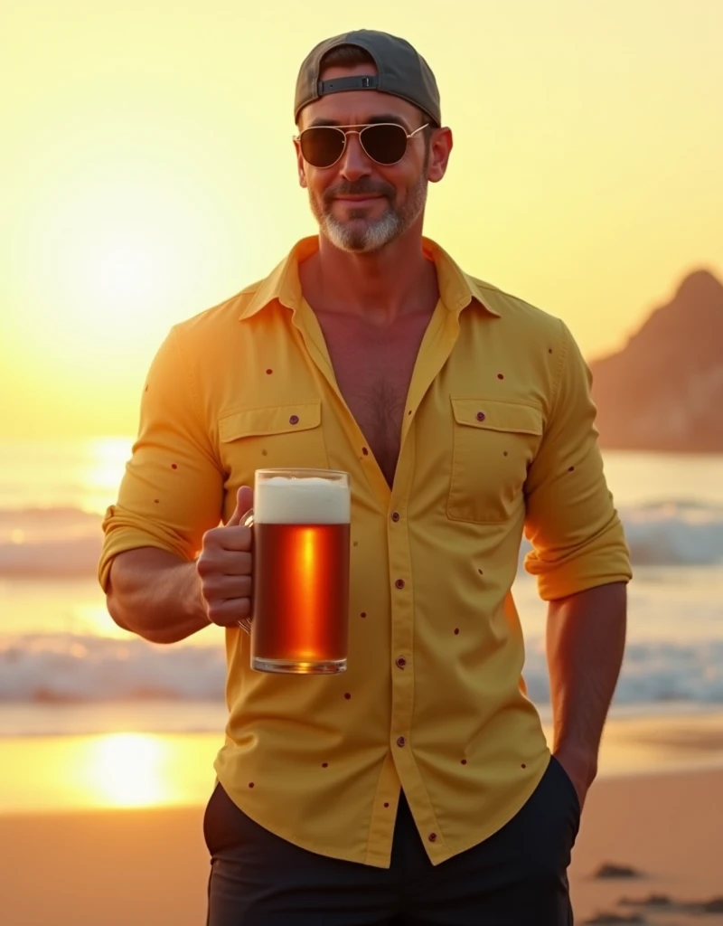 Asian male, 40 years old, short hair, thicker eyebrows, small eyes, slightly round nose, slightly larger mouth, thicker lips, no beard, blue long sleeve shirt, looking forward, smiling, holding beer, movie picture quality