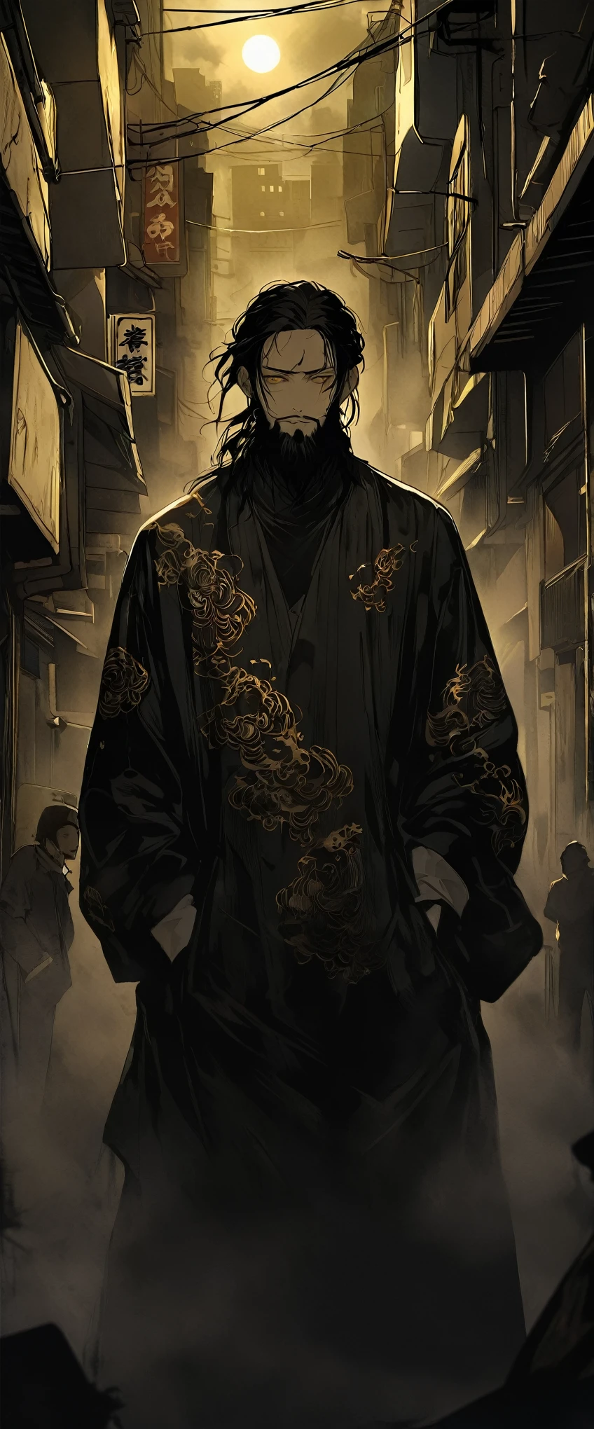 Anime Style。A black silk shirt embroidered with gold patterns。Alley in the fog。Skinny young man standing with his hands in his pockets。Droopy eyes。Thin face。Nihilistic smile。Black beard and beard。Long black hair。forehead,。Ethnic gold tattoo on forehead。Golden Eyes。cowboy shot。。One person。darkness。Spooky atmosphere。Japan。Concrete City。Dark atmosphere without light。night。,Chiaroscuro,Skyscraper。High image quality。Detailed Description。