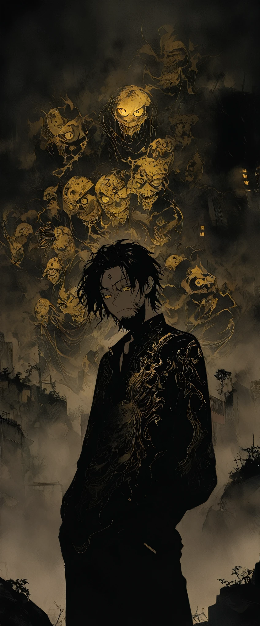 Anime Style。A black silk shirt embroidered with gold patterns。Alley in the fog。Skinny young man standing with his hands in his pockets。Droopy eyes。Thin face。Nihilistic smile。Black beard and beard。Long black hair。forehead,。Ethnic gold tattoo on forehead。Golden Eyes。cowboy shot。。One person。darkness。Spooky atmosphere。Japan。Concrete City。Dark atmosphere without light。night。,Chiaroscuro,Skyscraper。High image quality。Detailed Description。