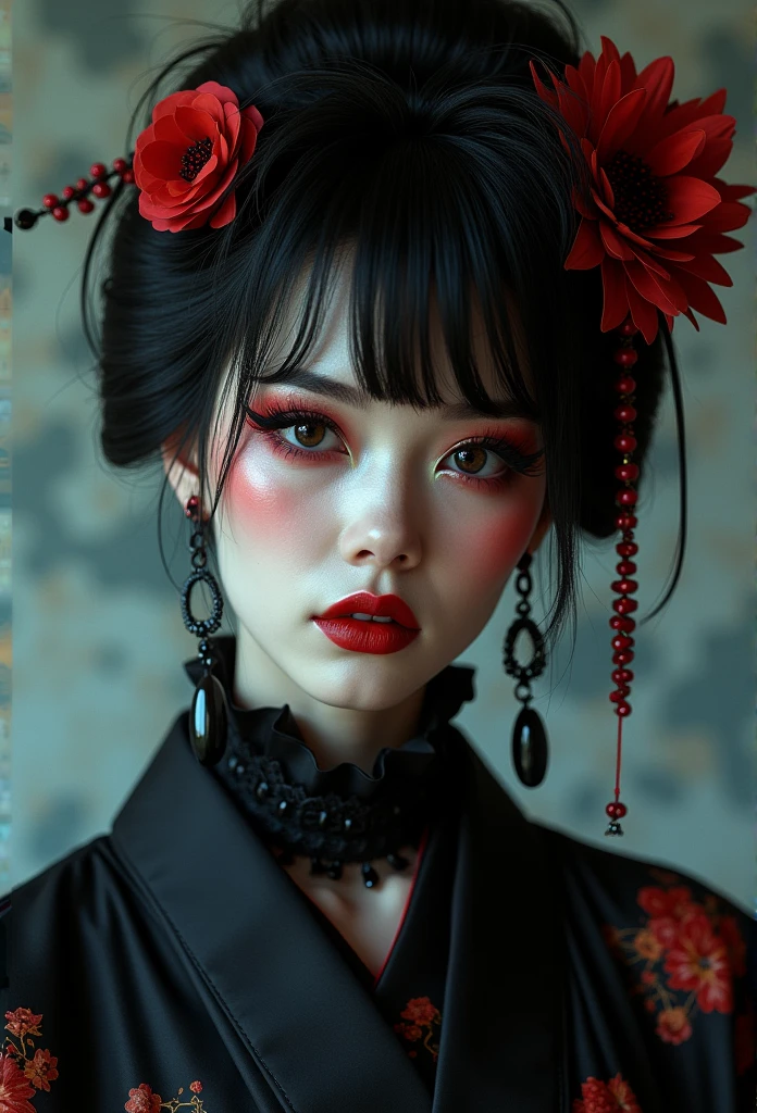 in style of Harry Clarke, (rose-headed japanese woman:1.6),(rose face:1.2),(rose head:1.3),drawing by Conrad Roset close up,(darkness:1.2),(very detailed shadows:1.2),absolute shadows,absolute darkness,