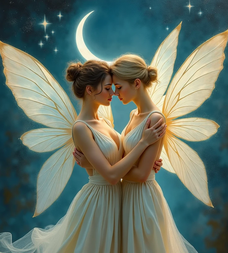 group_mf, 2girls, from below, a beautiful, cute fairy in the starry night sky, (2 sexy and cute fairy sisters), (close friends), (yuri), kiss on the forehead, kiss on cheek, Holding hands, detailed face, long eyelashes, detailed eyes, detailed lips, detailed nose, detailed ears, flowing hair, glowing skin, sparkling fairy dust, ethereal atmosphere, serene galaxy backdrop, Sea of stars, (((starry sky))), (milkyway stars), nebulae, (twinkling stars), bioluminescent plants, (best quality, 4K, 8k, highres, masterpiece:1.2), ultra-detailed, (realistic, photorealistic, photo-realistic:1.37), vibrant colors, dramatic lighting, fantasy art, concept art, digital painting, Perfect Anatomy、Correct fingers、((Increased transparency))、(Super see-through)、(Super hourglass body type)、(Super big breasts pointing upwards:1.37)、(Wide super big ass)、(Fairy's Super exy and acrobatic duo pose)、Give your audience a little smile