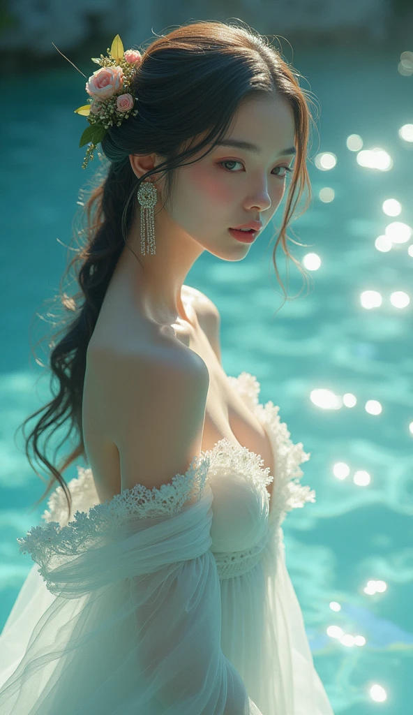 masterpiece，Highest image quality，Super details，best quality ,extremely delicate and beautiful, Very detailed,best quality, official art, Extremely detailed CG unified 8k wallpaper, Ana de Armas portrait photo, Blonde hair with black pupils，shiny skin,  (beautiful eyes:1.1), beautiful skin, big watery eyes，(detailed lighting:1.2), (Beautiful and detailed light:1.3),The noble Poseidon wearing the holy dress of the sea，Intricate Poseidon Cloth Details，Gorgeous and complex hollow ultra-thin Poseidon dress，Beautiful udder, The most perfect breast shape，firm breast，Deep cleavage，Naked of breast，complex, digital drawing, Smooth, sharp focus, end of the world, epic reality, (high dynamic range:1.4), (pastel colors:1.4), Revelation，Bright colors, screen space refraction, (intricate details, Super detailed:1.3), art station, lens, complex background, buliding，Beautiful smile，The most beautiful look，Dreamcatcher earrings，The best look，beautiful sea goddess，