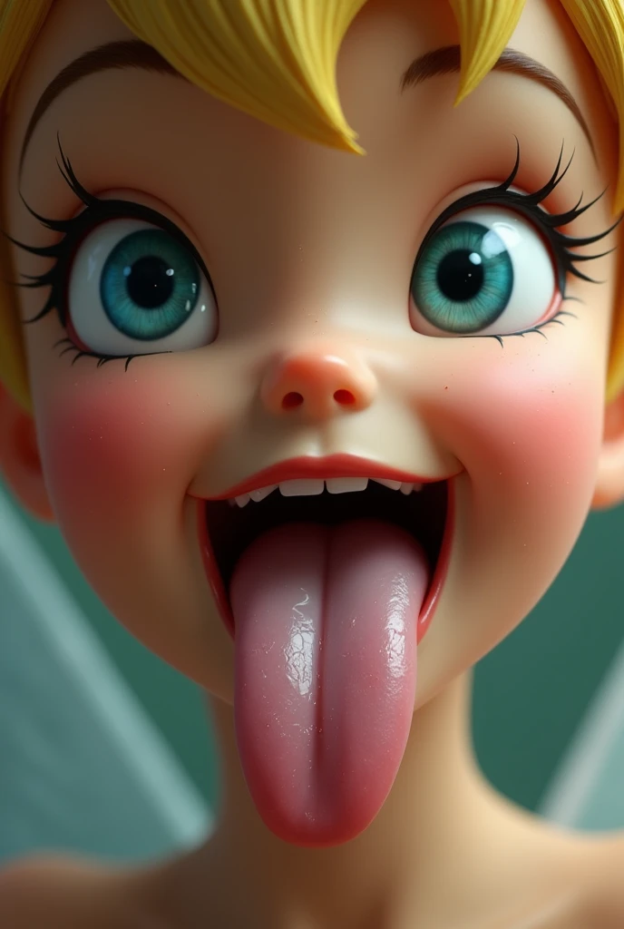 Extreme closeup of female prepubescent face, blonde hair, blue eyes, glittery lipgloss, mouth very wide open and tongue sticking out