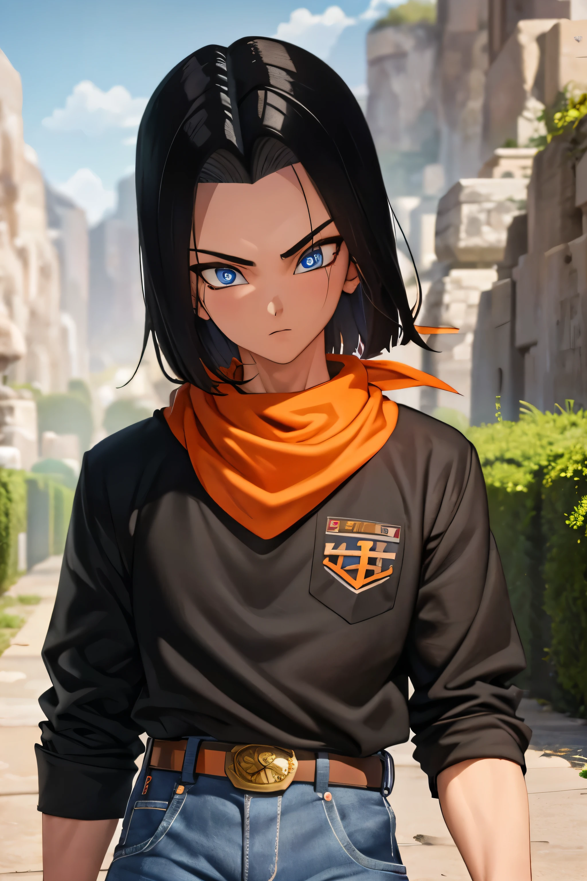 A masterpiece, best quality, detailed and expressive eyes, perfect facial features, high resolution, 1 boy, alone, android -inspired boy, (male body:1.3), blue eyes, black hair, parted hair, short hair, black shirt, jeans, layered shirt, white sleeves, orange bandana, brown belt, red freckles, outdoor, landscape, standing, portrait, looking at viewer,Upper body up