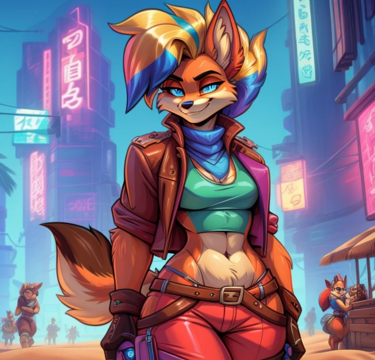 Best quality, Super detailed illustration, cartoon illustration, a furry male bandicoot, blue eyes, village clothing, detailed face and body, disheveled thick rainbow colored hair, dark red fur, two-tone dark red fur, red wolf tail, blue and yellow striped leather coat, red pants, smug smile, beautifully detailed eyes, against the background of blue beach in the cyberpunk era, retrowave, skinny, wide hips, style