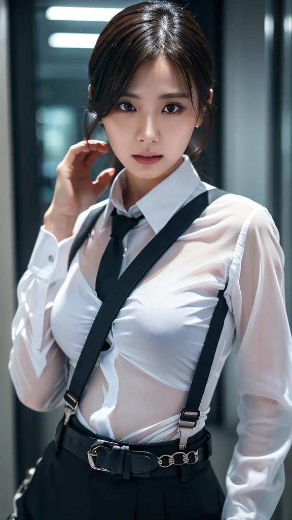 a woman in a suit, belt, hands behind back, sweating, suspenders, black pants, large breasts, see-through clothing, rain, detective, office worker, white button-up shirt, (best quality,4K,8k,highres,masterpiece:1.2),ultra-detailed,(realistic,photorealistic,photo-realistic:1.37),hyper-detailed,highly detailed face and body, Slender　thin　suspenders　Moderate breasts　See-through shirt　Nipples　holster　chain　Pistol　Armament　criminal　Female criminal　knife 　 Hands Behind Back　Constraints 程よい胸 黒いマスク
